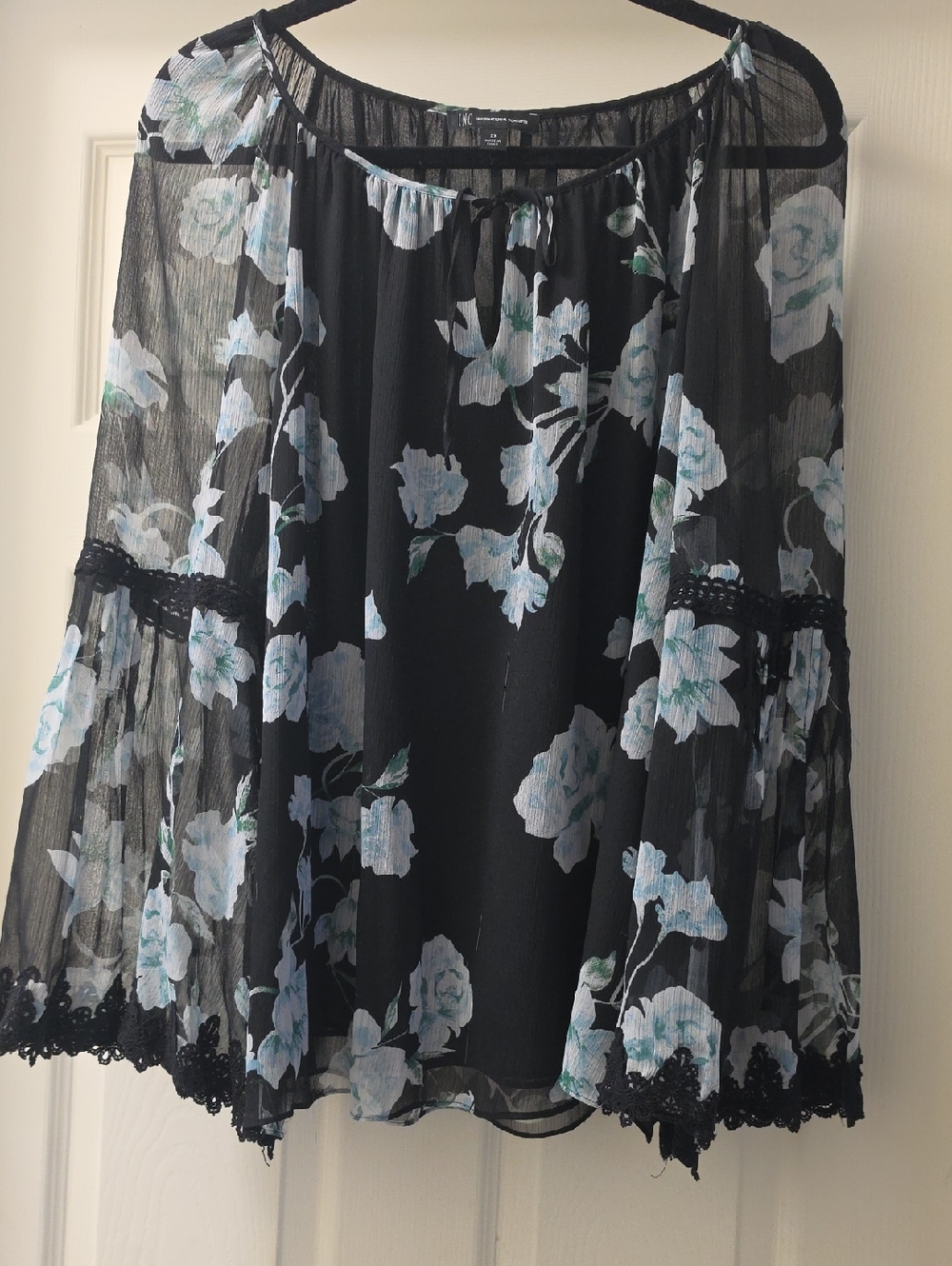 Floral Off-Shoulder Bell-Sleeve Shirt - Black with Light Blue Flowers
